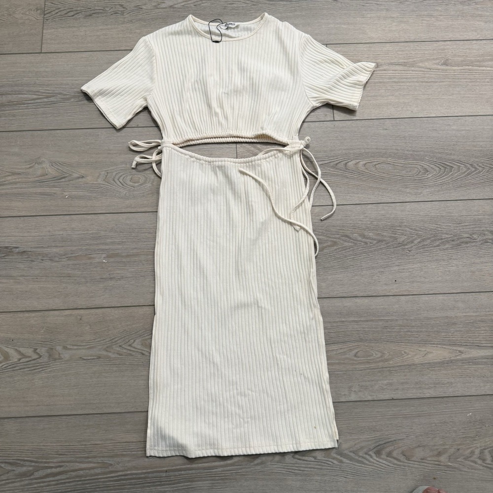 4th + Reckless Womens M Ivory Ribbed Cutout Tie Waist Midi Dress NWOT